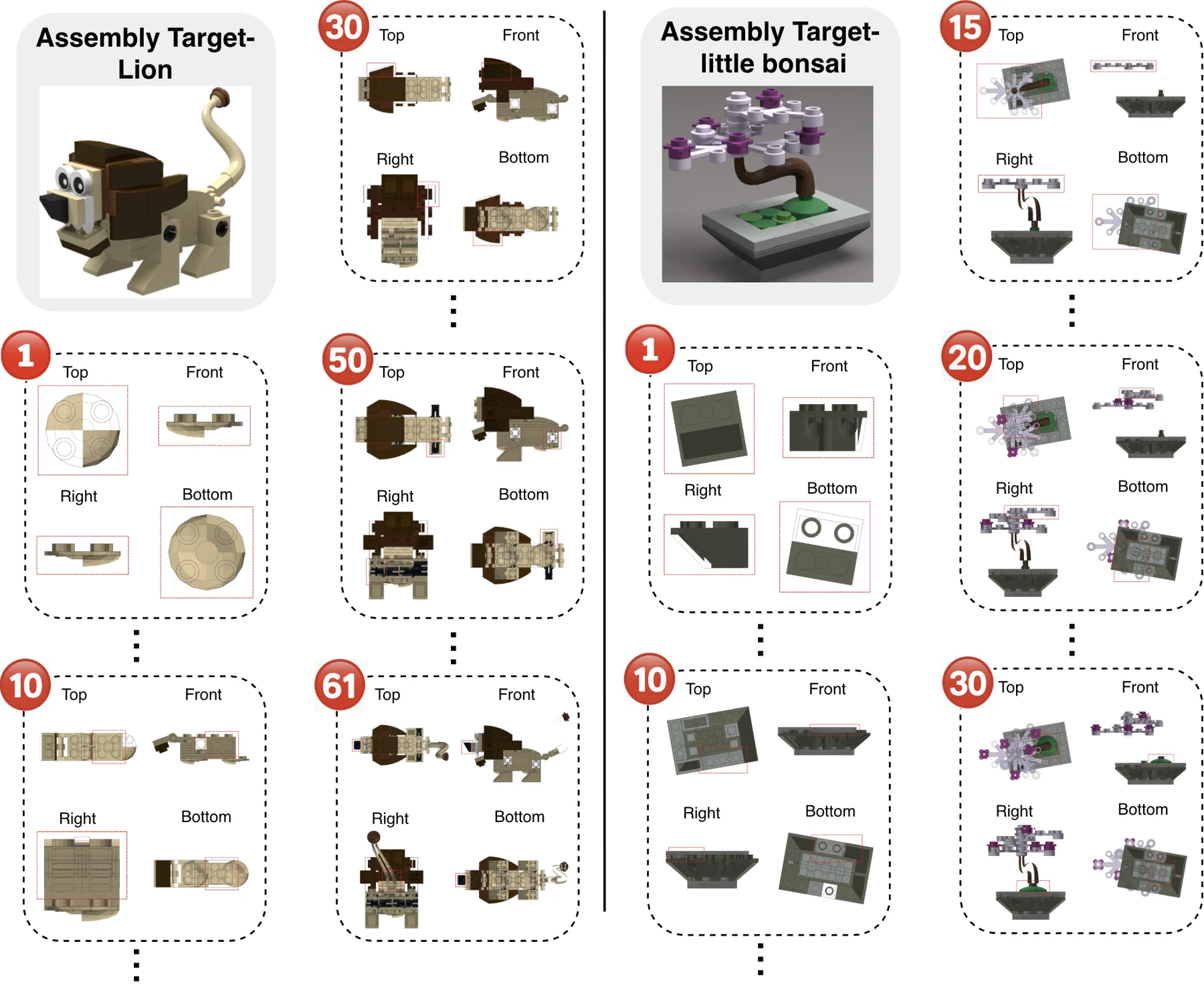 Assembly target examples for a lion and little bonsai with top, front, right, and bottom manual views