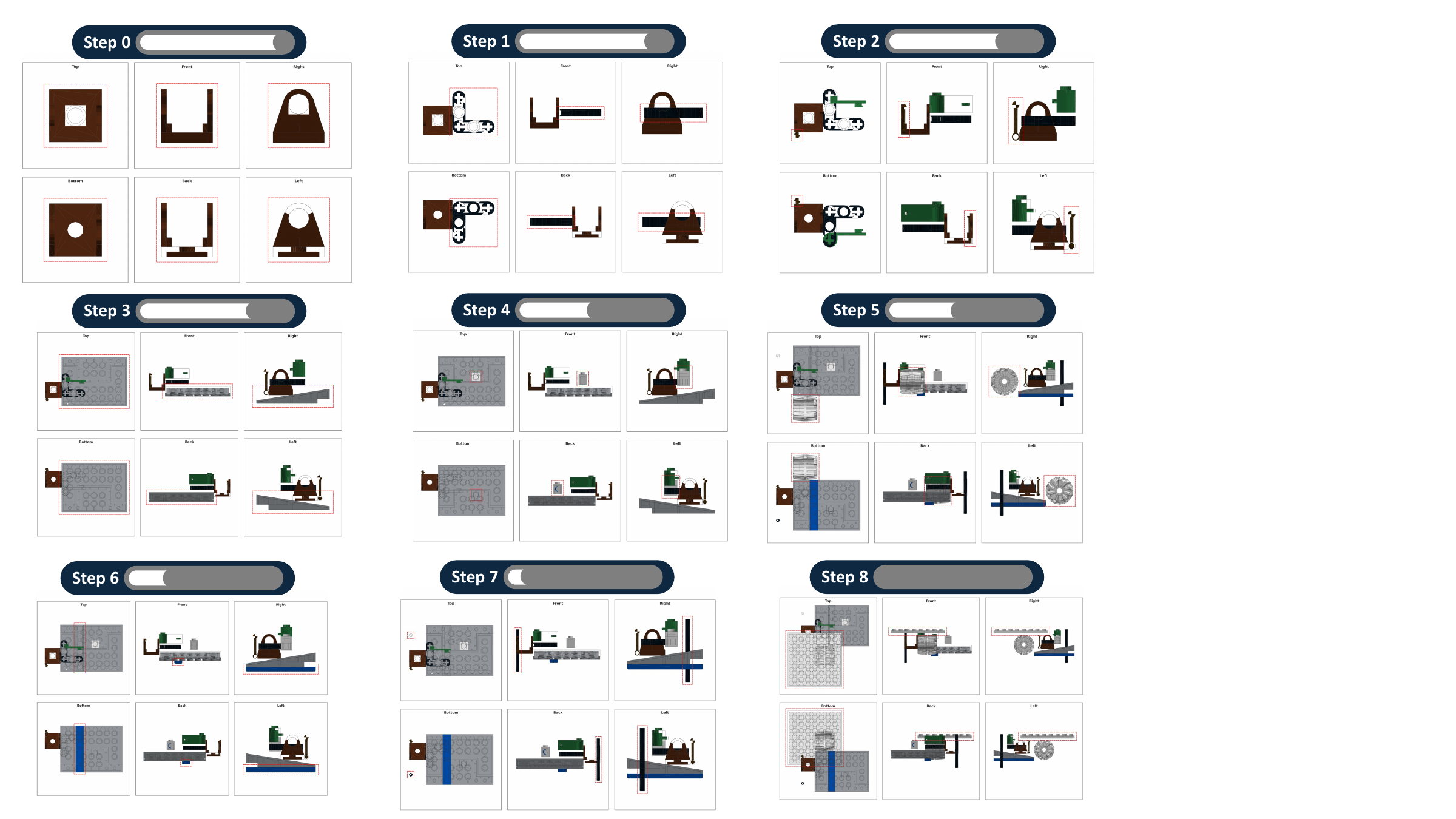 Examples of synthesized assembly configurations with steps 0 through 8